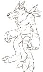 anthro barefoot black_and_white briefs clothed clothing digimon digimon_(species) dog_tags ear_piercing ear_ring jewelry male monochrome necklace piercing scar simple_background sketch solo teeth_showing thegreatmatsutzu topless underwear weregarurumon white_background 