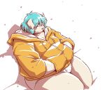  2021 anthro blue_hair bulge canid canine canis clothing domestic_dog hair hoodie kemono male mammal overweight overweight_anthro overweight_male sitting solo takagi_kyou topwear underwear 