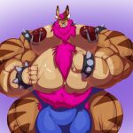  2021 abs anthro belly big_belly big_bulge big_muscles big_pecs blue_clothing bobert body_hair bracelet brown_body bulge chest_hair clothing facial_piercing fur hair hand_on_stomach happy_trail hi_res huge_bulge huge_muscles huge_pecs humanoid hyper hyper_belly hyper_bulge hyper_muscles jewelry male mammal multicolored_body multicolored_fur multicolored_hair musclegut muscular muscular_thighs nipple_piercing nipples nose_piercing nose_ring pecs piercing pink_hair red_nipples rob_(rgmbleh) rodent sciurid solo spiked_bracelet spikes striped_body stripes two_tone_body 