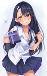  1girl black_hair breasts brown_eyes cleavage collared_shirt grin hair_ornament hairclip highres ijiranaide_nagatoro-san incoming_gift long_hair looking_at_viewer nagatoro_hayase pleated_skirt sakura_nnk school_uniform shirt skirt smile solo standing valentine white_shirt 