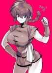  1girl blue_eyes braid braided_ponytail breasts clenched_hand cowboy_shot cropped_legs determined eyebrows eyes_visible_through_hair genderswap genderswap_(mtf) greyscale hand_on_hip highres large_breasts monochrome pink_background ranma-chan ranma_1/2 saotome_ranma short_shorts shorts smile takatsuki_ichi thighs 