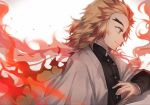  &gt;:) 1boy blonde_hair cape colored_tips fire flame forehead from_side gakuran high_collar highres kimetsu_no_yaiba long_hair male_focus multicolored_hair orange_eyes oyuyu red_hair rengoku_kyoujurou school_uniform solo teeth thick_eyebrows tsurime unsheathed upper_body white_background white_cape 