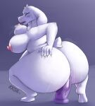  2021 anthro big_breasts big_butt bodily_fluids boss_monster bouncing_breasts bovid breasts butt caprine curvy_figure dildo dildo_sitting eyes_closed fangs female floppy_ears goat hand_on_butt hi_res horn huge_breasts huge_butt kkoart mammal mature_female moan penetration riding_toy sex_toy simple_background slightly_chubby solo steam sweat thick_thighs toriel undertale vaginal vaginal_penetration video_games voluptuous wet white_body 