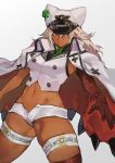  1girl bandages bangs brown_eyes buttons cape clover dark_skin dark_skinned_female four-leaf_clover guilty_gear guilty_gear_strive hair_between_eyes hat highres looking_to_the_side midriff navel platinum_blonde_hair ramlethal_valentine short_shorts shorts solo stomach thick_thighs thigh_strap thighs uncle_rabbit_ii white_cape 