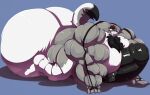  2020 5_fingers anthro balls big_balls big_muscles big_pecs big_penis black_nipples black_penis blue_background bobert body_hair canid canine chest_hair clenched_teeth countershading fingers genitals huge_balls huge_muscles huge_pecs huge_penis hyper hyper_balls hyper_genitalia hyper_muscles hyper_pecs hyper_penis kneeling male mammal muscular muscular_anthro muscular_male nipples nude pecs penis plantigrade simple_background solo swaggy teeth white_balls white_countershading 