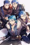  1other 4boys absurdres alternate_costume bag blue_hair chibi closed_eyes closed_mouth collarbone cu_chulainn_(fate)_(all) cu_chulainn_(fate/grand_order) cu_chulainn_(fate/prototype) cu_chulainn_alter_(fate/grand_order) earrings facepaint fate/grand_order fate/prototype fate_(series) fur-trimmed_shirt fur_trim grin highres holding holding_sword holding_weapon jewelry lancer long_hair long_sleeves looking_at_viewer mini_cu-chan_(fate) multiple_boys multiple_piercings one_eye_closed open_mouth pants ponytail popped_collar rapier red_eyes satchel shirt short_hair smile sparkle spiked_hair strap sword the_musketeers_(fate/grand_order) weapon yuu_(guruko) 