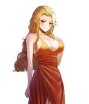  1girl absurdres blonde_hair blush breasts brigid_(fire_emblem) cleavage closed_mouth commission commissioner_upload dress evening_gown fire_emblem fire_emblem:_genealogy_of_the_holy_war formal furrowed_eyebrows highres large_breasts long_hair looking_at_viewer orange_dress saikunartworks simple_background solo wavy_hair white_background yellow_eyes 