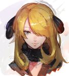  1girl artist_logo artist_name blonde_hair collarbone commentary cynthia_(pokemon) eyebrows_visible_through_hair flipped_hair fur_collar grey_eyes hair_over_one_eye hair_ribbon highres lips long_hair looking_at_viewer parted_lips pokemon pokemon_(game) pokemon_dppt ribbon sketch solo uedrk_yamato upper_body white_background 