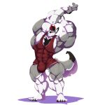  2020 5_toes anthro big_bulge bobert body_hair bulge canid canine chest_hair countershading feet flexing hi_res huge_bulge huge_muscle looking_at_viewer male mammal plantigrade simple_background smile solo standing swaggy toes white_background white_countershading wrestling_singlet 