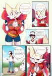  absurd_res anthro braixen bray_(lucyfercomic) breasts clothing duo eyes_closed female hair_over_eyes hat headgear headwear hi_res human lucyfercomic male mammal nintendo pok&eacute;mon pok&eacute;mon_(species) pok&eacute;mon_trainer speech_bubble text video_games 