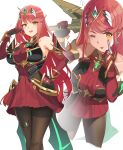  1girl alternate_color bangs bare_shoulders black_legwear blush breasts chest_jewel dress earrings fusion gem gloves headpiece jewelry large_breasts long_hair looking_at_viewer mythra_(xenoblade) ormille pantyhose pyra_(xenoblade) red_hair short_dress simple_background smile solo super_smash_bros. swept_bangs tiara very_long_hair weapon xenoblade_chronicles_(series) xenoblade_chronicles_2 