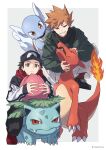  2boys alternate_costume artist_name bangs black_footwear black_hair blue_oak brown_eyes brown_hair charmeleon closed_mouth commentary_request fire flame gen_1_pokemon highres ivysaur long_sleeves looking_at_viewer male_focus multiple_boys parted_lips pokemon pokemon_(creature) pokemon_(game) pokemon_rgby red_(pokemon) red_footwear red_scarf scarf shoes sleeves_past_wrists smile socks spiked_hair squatting wartortle xia_(ryugo) 