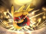  2021 anthro big_breasts breasts clothing cosplay_pikachu_(character) cosplay_pikachu_(costume) electricity female hi_res joaoppereiraus kanna_(joaoppereiraus) nintendo pikachu pikachu_libre pok&eacute;mon pok&eacute;mon_(species) solo video_games 