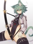  1girl animal_ear_fluff animal_ears breasts cat_ears cat_girl cat_tail closed_mouth commentary_request cropped_jacket expressionless gloves green_hair hair_between_eyes highres holding holding_sword holding_weapon katana long_sleeves original sheath sheathed short_eyebrows sidelocks sitting small_breasts solo sword tail thighhighs weapon yonaga 