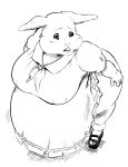  2020 anthro beastars belly big_belly big_breasts breasts clothing dress female haru_(beastars) lagomorph leporid mammal monochrome overweight overweight_anthro overweight_female rabbit simple_background solo thick_thighs unknown_artist white_background 