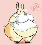  2019 anthro beastars belly big_belly big_breasts bottomwear breasts clothing female footwear haru_(beastars) hi_res hyper hyper_belly lagomorph leporid mammal overweight overweight_anthro overweight_female rabbit shoes simple_background skirt solo thick_thighs unknown_artist white_clothing yellow_body 