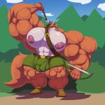  2021 abs anthro arrow belt biceps big_biceps big_muscles big_pecs bobert bow_(weapon) brown_body bulge clothing countershading disney forest green_clothing grin hi_res holding_object huge_muscles huge_pecs humanoid hyper hyper_muscles hyper_pecs looking_at_viewer male multicolored_body muscular nipples pecs pink_nipples plant plantigrade ranged_weapon robin_hood robin_hood_(disney) simple_background smile solo tight_clothing tree two_tone_body weapon white_body 