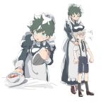  1boy 1girl :o age_difference alternate_costume angry apron bakugou_katsuki bangs black_dress black_legwear blonde_hair boku_no_hero_academia breasts brown_footwear child collared_shirt commentary_request cup dress enmaided frilled_dress frills genderswap genderswap_(mtf) green_eyes green_hair grey_apron hands_on_another&#039;s_shoulder holding holding_tray juliet_sleeves kayu_(hinoizurukuni) kneehighs large_breasts long_sleeves maid maid_apron male_focus midoriya_izuku multiple_views necktie puffy_sleeves shirt shoes short_hair short_sleeves shorts simple_background smile suspenders teacup tray white_background younger 