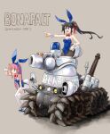  2girls black_hair bonaparte_(tank) cannon commentary_request dominion english_text engrish_text gatling_gun ground_vehicle gun highres katahira_masashi lights machine_gun machinery military military_vehicle motor_vehicle multiple_girls pink_hair playboy_bunny pointing police ponytail ranguage science_fiction sketch tank weapon 