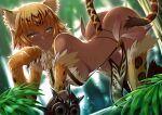  1girl absurdres all_fours animal_ears ass bare_shoulders blurry blurry_background breasts butter-t claws cleavage dark_skin dark_skinned_female feathers forest fur_collar hair_between_eyes highres loincloth mask medium_breasts monster_girl monster_girl_encyclopedia nature ocelomeh_(monster_girl_encyclopedia) ocelot_ears ocelot_tail paws short_hair slit_pupils smirk solo source_request tree yellow_eyes 
