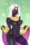  abs alien alien_humanoid areola bbc-chan big_breasts black_body black_skin breasts duck_dodgers female genitals hair hi_res humanoid long_hair looking_at_viewer nipple_piercing nipples not_furry piercing pussy queen_tyr&#039;ahnee white_hair 