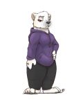  2021 absurd_res anthro barefoot black_nose bottomwear breasts clothed clothing ear_piercing eyebrow_piercing facial_piercing female fully_clothed fur hi_res hoodie louart mammal pants piercing polar_bear signature simple_background solo standing topwear ursid ursine white_background white_body white_fur 