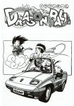  3boys absurdres animal arm_support arms_at_sides bald bandana black_eyes black_hair car chinese_clothes clenched_hands closed_mouth clothes_writing convertible copyright_name dougi dragon_ball dragon_ball_(classic) driving eye_contact facing_viewer fingernails flying flying_nimbus greyscale ground_vehicle halftone hand_up happy highres index_finger_raised kuririn license_plate looking_afar looking_at_another looking_down looking_up messy_hair monkey_tail monochrome motor_vehicle multiple_boys neckerchief nyoibo official_art open_mouth pointing profile puar rear-view_mirror son_goku standing steering_wheel tail talking teeth toriyama_akira upper_teeth wristband yamcha 