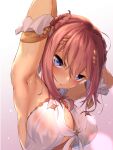  1girl armpits arms_behind_head arms_up blue_eyes breasts cleavage commentary_request gradient gradient_background hair_ornament highres large_breasts looking_at_viewer medium_hair mizuha_(pixiv56938668) pink_background princess_connect! princess_connect!_re:dive red_hair see-through solo sweat upper_body yui_(princess_connect!) 