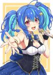  1girl absurdres ahoge bangs blue_dress blue_hair blue_neckwear blush bow bowtie braid breasts cowboy_shot crown dress fuusuke_(fusuke208) hair_between_eyes hair_ornament hairpin heart_ahoge highres holding holding_microphone hoshino_mea idol light_blue_hair looking_at_viewer medium_breasts microphone multicolored_hair music open_mouth outstretched_hand red_eyes simple_background singing sleeveless smile solo twintails twitter_username two-tone_hair virtual_youtuber yellow_background yumemizaka_gakuin 