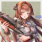  1girl absurdres american_flag armor bangs blunt_bangs breastplate brown_hair browning_auto_5 dated green_eyes gun headgear helena_(kancolle) highres holding holding_gun holding_weapon kantai_collection long_hair looking_at_viewer military military_uniform mitsu_plus neck_ribbon ribbon rifle solo twitter_username uniform upper_body weapon 
