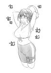  1girl alternate_costume bike_shorts breasts commentary_request cowboy_shot cropped_legs greyscale hair_flaps hair_ornament hairclip jingei_(kancolle) joy-con kantai_collection large_breasts long_hair low_ponytail monochrome ring-con ring_fit_adventure shirt solo sweat tamu_(mad_works) tied_shirt 