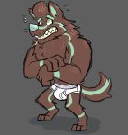  anthro barefoot bodily_fluids briefs brown_background brown_body brown_fur canid canine clothed clothing fur goronic green_body green_eyes green_fur male mammal navel open_mouth scared shadow simple_background solo sweat teeth_showing tighty_whities topless underwear were werecanid werecanine werewolf white_clothing white_underwear 