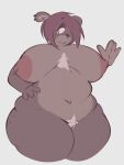  anthro behniis chest_tuft female hair hair_over_eye hand_on_hip hi_res mammal nude one_eye_obstructed pubes simple_background solo thick_thighs tuft ursid white_background 