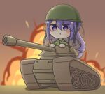  1girl :o bangs blurry blurry_background blush_stickers brown_background brown_hair camouflage camouflage_shirt chibi collared_shirt commentary depth_of_field dress_shirt explosion eyebrows_visible_through_hair full_body gradient_hair green_shirt ground_vehicle hair_between_eyes helmet highres hololive hololive_indonesia long_hair military military_vehicle moona_hoshinova motor_vehicle multicolored_hair parted_lips purple_eyes purple_hair rutorifuki shirt solo tank very_long_hair virtual_youtuber 
