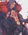  1boy abs black_gloves black_pants blue_hair bodypaint bulge cape claws cu_chulainn_(fate)_(all) cu_chulainn_alter_(fate/grand_order) dark_blue_hair dark_persona detached_hood earrings elbow_gloves facepaint fate/grand_order fate_(series) fur-trimmed_cape fur_trim gae_bolg_(fate) gloves grin holding holding_polearm holding_weapon hood hood_up ibushi jewelry long_hair male_focus muscular muscular_male navel open_mouth pants pectorals polearm ponytail red_eyes sharp_teeth shirtless simple_background skin_tight smile solo spikes tail teeth twitter_username weapon 