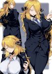  1girl alternate_breast_size alternate_costume black_pants black_suit blonde_hair blue_neckwear blush breasts buttons collared_shirt cynthia_(pokemon) eyebrows_visible_through_hair feet_out_of_frame formal hair_ornament hair_over_one_eye half-closed_eyes highres huge_breasts impossible_clothes long_hair looking_at_viewer looking_back multiple_views necktie one_eye_closed pants parted_lips pokemon pokemon_(game) pokemon_dppt shimure_(460) shirt standing suit tsurime very_long_hair watch white_shirt wristwatch 