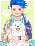  1boy 1other animal asymmetrical_bangs asymmetrical_clothes bangs blue_hair bracelet braid braided_ponytail child cu_chulainn_(fate)_(all) dog earrings fate/grand_order fate/grand_order_arcade fate_(series) happy highres ibushi jewelry long_hair long_sleeves looking_at_viewer male_focus open_mouth paw_print paws ponytail popped_collar puppy red_eyes setanta_(fate) signature slit_pupils smile spiked_hair 