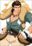  1boy bara beige_pants blonde_hair brown_hair bulge chest_hair cloud facial_hair fur_(clothing) green_shirt hairy highres large_pectorals leather_belt long_sideburns magatama magatama_necklace male_cleavage male_focus mature_male multicolored_hair muscular muscular_male sheath shirt short_hair sideburns sleeves_rolled_up smile solo streaked_hair stubble thick_eyebrows tokyo_houkago_summoners yamasachihiko_(tokyo_houkago_summoners) yon_yon_(shikawafu) 