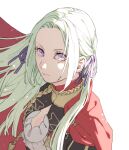  1girl 91007 cape closed_mouth edelgard_von_hresvelg fire_emblem fire_emblem:_three_houses floating_hair garreg_mach_monastery_uniform hair_intakes hair_ribbon long_hair looking_at_viewer purple_eyes purple_ribbon red_cape ribbon silver_hair simple_background solo upper_body very_long_hair white_background 