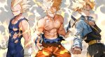  3boys abs absurdres aqua_eyes bare_shoulders belt belt_buckle blonde_hair blue_jacket buckle clenched_hands collarbone cowboy_shot cropped_jacket dragon_ball dragon_ball_z father_and_son gloves grin highres jacket looking_at_viewer majin_vegeta multiple_boys muscular muscular_male pectorals serious sheath sheathed shirtless skin_tight smile son_goku spiked_hair super_saiyan super_saiyan_1 sword torn_clothes trunks_(future)_(dragon_ball) vegeta veins weapon white_gloves widow&#039;s_peak yoshio_(55level) 