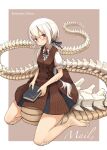  159cm 1girl artist_name bandaid bandaid_on_hand black_ribbon blush book border brown_background brown_dress closed_mouth collared_shirt double-breasted dragon_tail dress hair_ribbon head_tilt highres holding holding_book kneeling long_hair long_tail looking_at_viewer low_ponytail original puffy_short_sleeves puffy_sleeves red_eyes ribbon shirt short_sleeves skeletal_tail slit_pupils smile solo tail white_border white_hair white_shirt wing_collar 