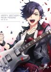  1boy :d argonavis_from_bang_dream! bang_dream! birthday black_hair character_name confetti dated dog_tags english_text gradient gradient_background guitar hair_over_one_eye happy_birthday instrument itsuya_(daystar) jacket leather leather_jacket male_focus misono_reon open_mouth plectrum sleeves_rolled_up smile solo yellow_eyes 
