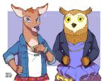  anthro avian beak bird bojack_horseman bottomwear bracelet breasts brown_body brown_feathers brown_fur cervid charlotte_moore cleavage clothed clothing denim denim_clothing denim_jacket dress duo feathers female fur jacket jewelry kollerss looking_at_viewer mammal necklace netflix owl portrait purple_eyes skirt three-quarter_portrait topwear wanda_pierce 