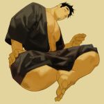  1boy abs bara bare_pecs black_hair black_kimono crossed_legs facial_hair feet goatee japanese_clothes kimono large_pectorals leaning_to_the_side male_focus mature_male mr_kasuy muscular muscular_male navel_hair nipples open_clothes open_kimono original short_hair sideburns solo stomach stubble 