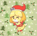  absurd_res animal_crossing anthro bell blush canid canine canis christmas christmas_clothing christmas_headwear clothing domestic_dog female fur genitals gloves handwear happy hat headgear headwear hi_res holidays isabelle_(animal_crossing) legwear mammal mycrys nintendo nipples nude one_eye_closed pussy ribbons santa_hat shih_tzu simple_background smile solo toy_dog video_games wink 