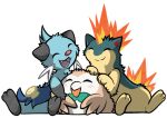  anthro blue_body blue_fur blush cuddling dewott feathers feral fire flaming_hair flaming_mane fur group nintendo pok&eacute;mon pok&eacute;mon_(species) pseudo_hair pseudo_mane quilava rowlet seashell shell sitting softkeychains video_games wings 