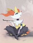  1girl alternate_eye_color animal_ears animal_nose armband artist_name black_choker black_fur blue_eyes blue_flower blue_rose body_fur braixen brown_background choker commentary dated deviantart_username english_commentary eryz flat_chest flower fox_ears fox_girl fox_tail full_body furry gen_6_pokemon hand_up highres holding holding_pipe indian_style kiseru open_mouth paws pipe pokemon pokemon_(creature) rose signature simple_background sitting smoke smoking snout solo tail twitter_username watermark white_fur yellow_fur 