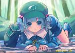  1girl :o absurdres all_fours backpack bag bangs blue_dress blue_eyes blue_footwear blue_hair blurry blurry_background blush breasts cabbie_hat commentary_request day dress eyebrows_visible_through_hair frilled_shirt_collar frills green_bag green_headwear hair_bobbles hair_ornament hat highres kawashiro_nitori key looking_at_viewer medium_breasts outdoors senno_seishun short_hair solo touhou tree two_side_up wet 