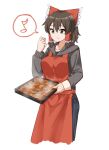  1girl :t apron bangs black_eyes black_hoodie black_shirt blue_pants bow brown_hair cinnamon_bun closed_mouth commentary_request cookie_(touhou) cowboy_shot denim eating eyebrows_visible_through_hair food frilled_bow frills gnzy hair_between_eyes hair_bow hakurei_reimu holding holding_tray hood hoodie jeans long_sleeves looking_down maru_(cookie) mittens musical_note oven_mitts pants red_apron red_bow shirt short_hair single_mitten solo spoken_musical_note steam touhou transparent_background tray 