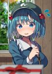 1girl absurdres bangs blue_eyes blue_hair blurry blurry_background blurry_foreground blush breasts cabbie_hat commentary_request eyebrows_visible_through_hair flying_sweatdrops frilled_shirt_collar frills gift giving green_headwear hair_bobbles hair_ornament hand_up hat highres indoors kawashiro_nitori key large_breasts long_sleeves mamemochi nervous_smile nose_blush short_hair solo touhou two_side_up upper_body window wooden_wall 